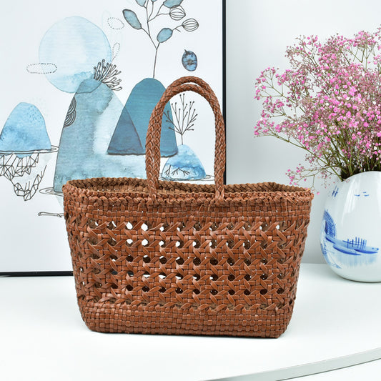 Genuine Leather Basket Woven Bag Hollow Style