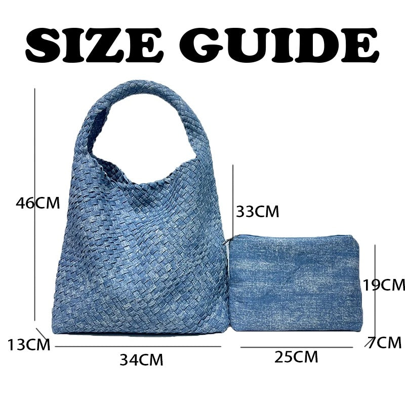 Luxury Woven Tote Bag, Denim Leather Hobo Bag