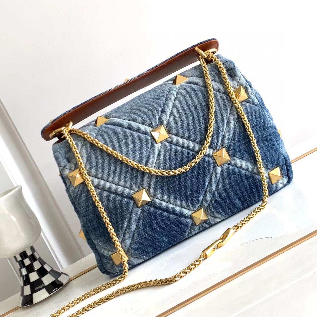 Denim Leather Studded Shoulder Bag