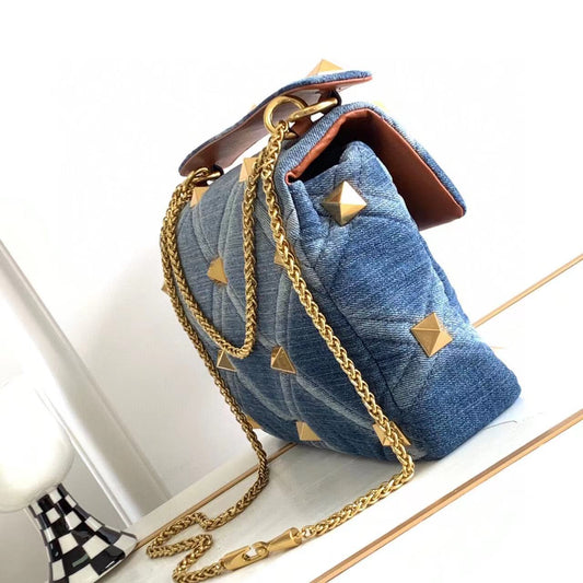 Denim Leather Studded Shoulder Bag