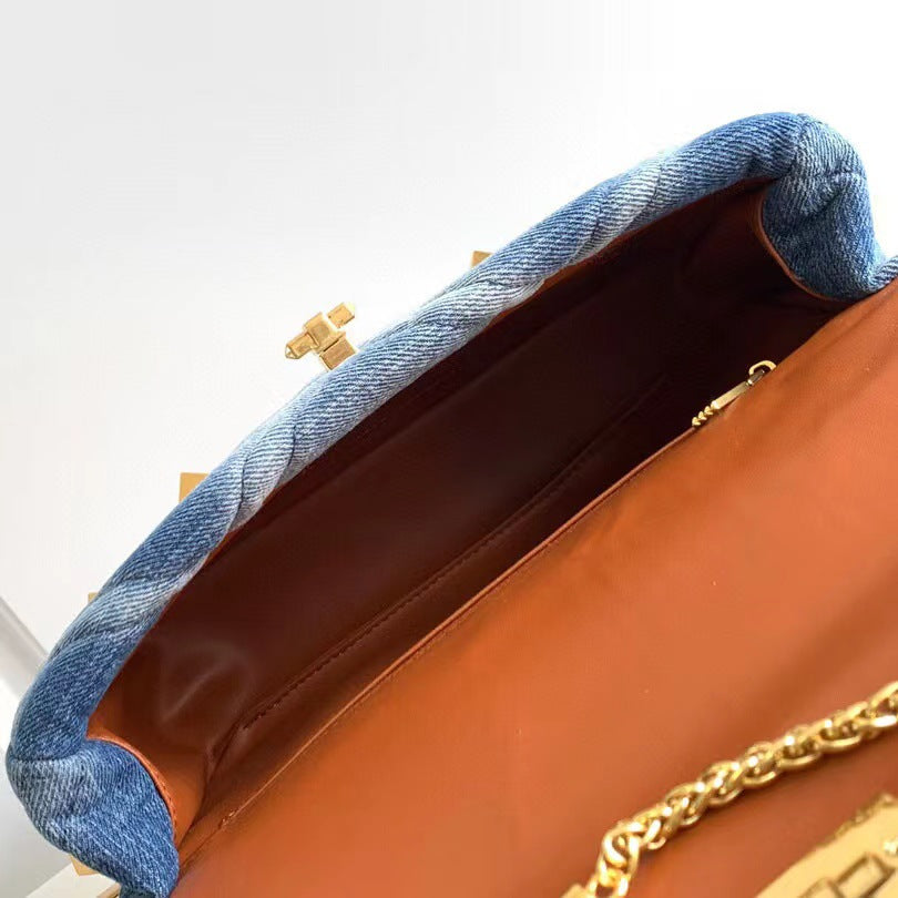 Denim Leather Studded Shoulder Bag