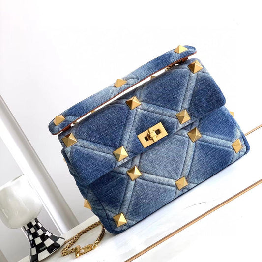 Denim Leather Studded Shoulder Bag