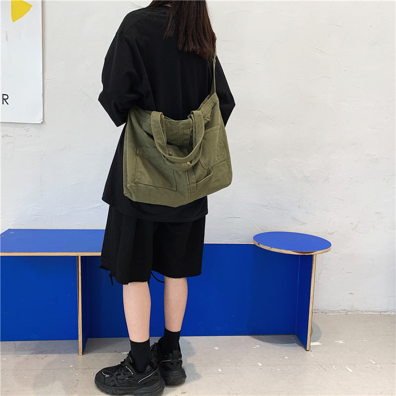 Korean version lazy style new canvas shoulder bag for women simple arts cross-body bag for every retro women's large bag