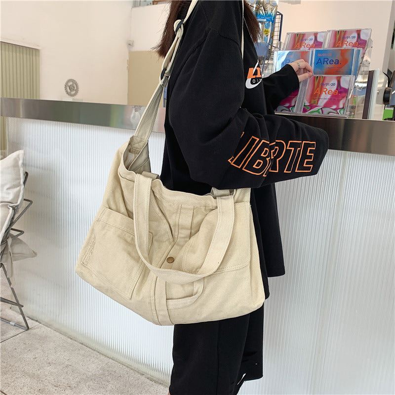 Korean version lazy style new canvas shoulder bag for women simple arts cross-body bag for every retro women's large bag